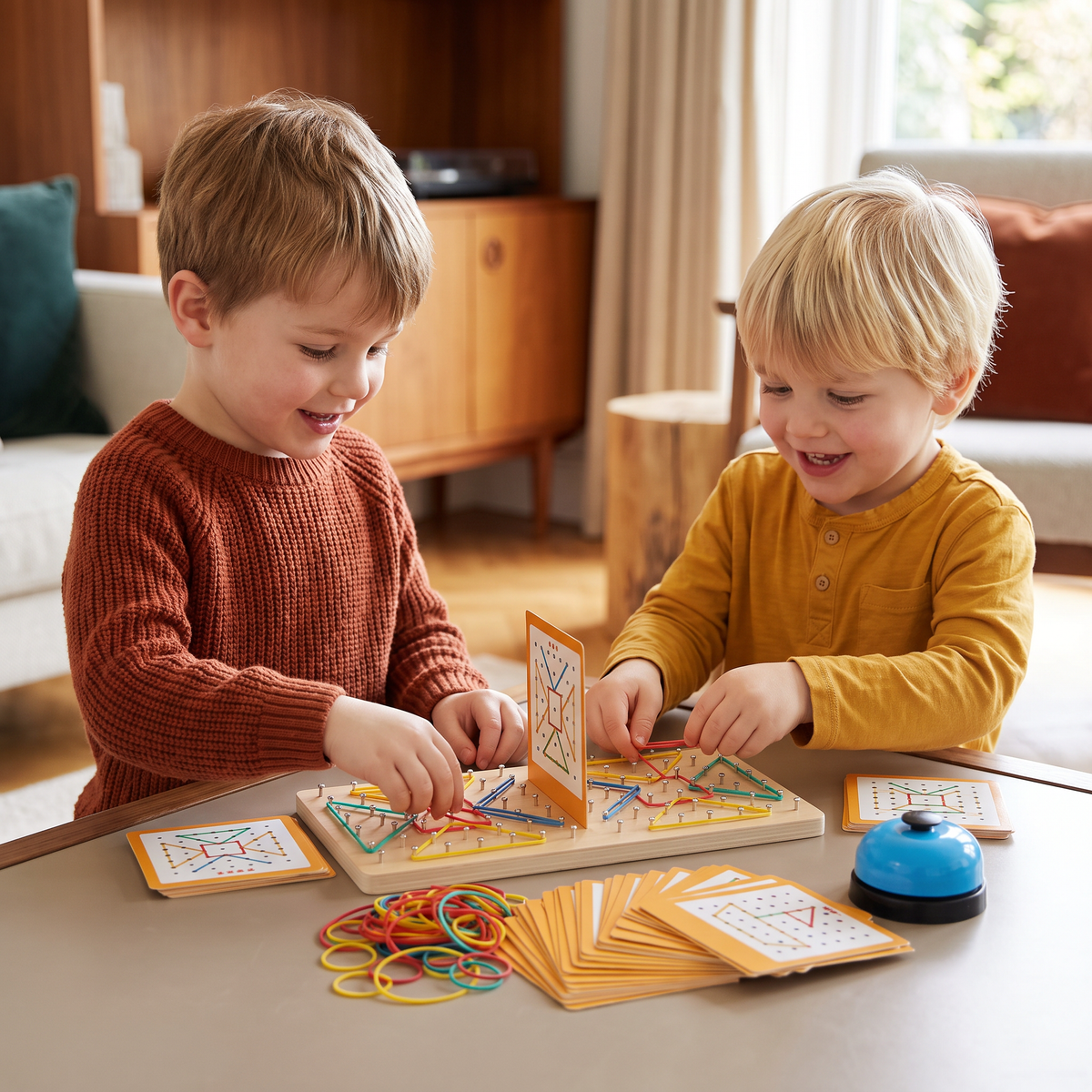 Montessori Wooden Geometry Battle Game with Colorful Rubber Bands