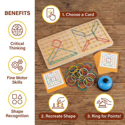 Montessori Wooden Geometry Battle Game with Colorful Rubber Bands