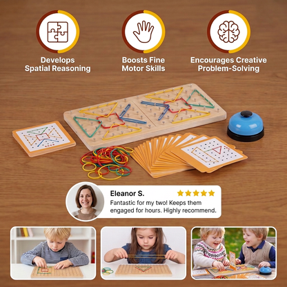 Montessori Wooden Geometry Battle Game with Colorful Rubber Bands