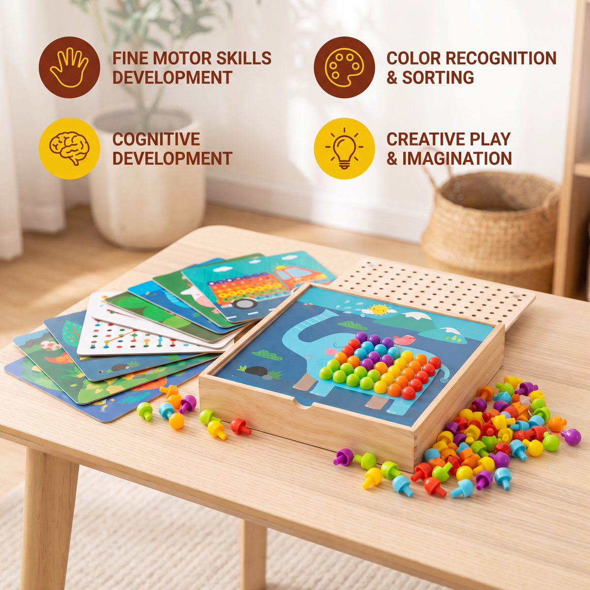 4-in-1 Montessori Wooden Sensory Travel Board with Gears & Colorful Pegs