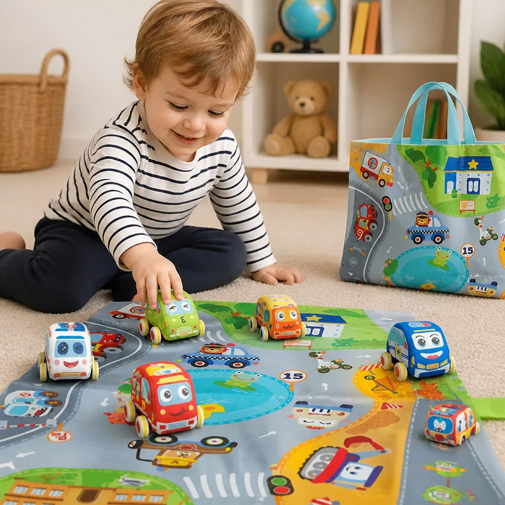 Soft Pull-Back Car Toy Set with Foldable Playmat Carry Bag for Toddlers