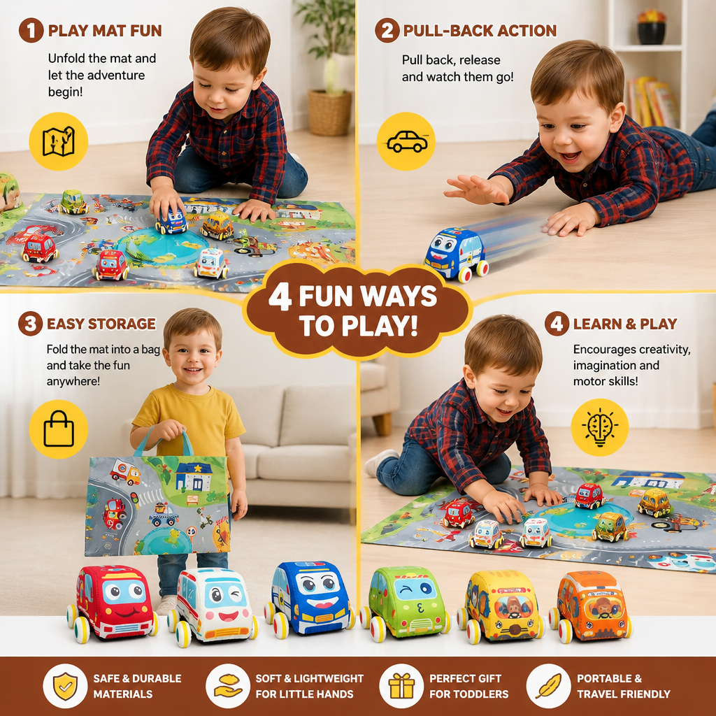 Soft Pull-Back Car Toy Set with Foldable Playmat Carry Bag for Toddlers