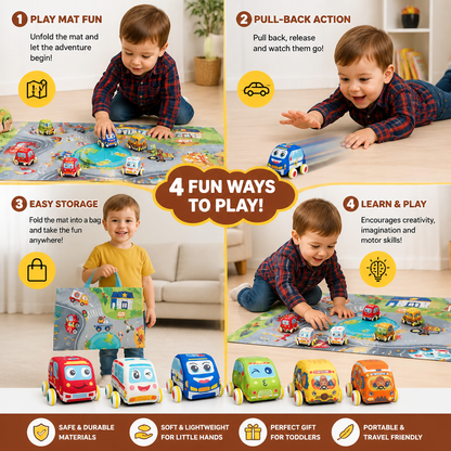 Soft Pull-Back Car Toy Set with Foldable Playmat Carry Bag for Toddlers