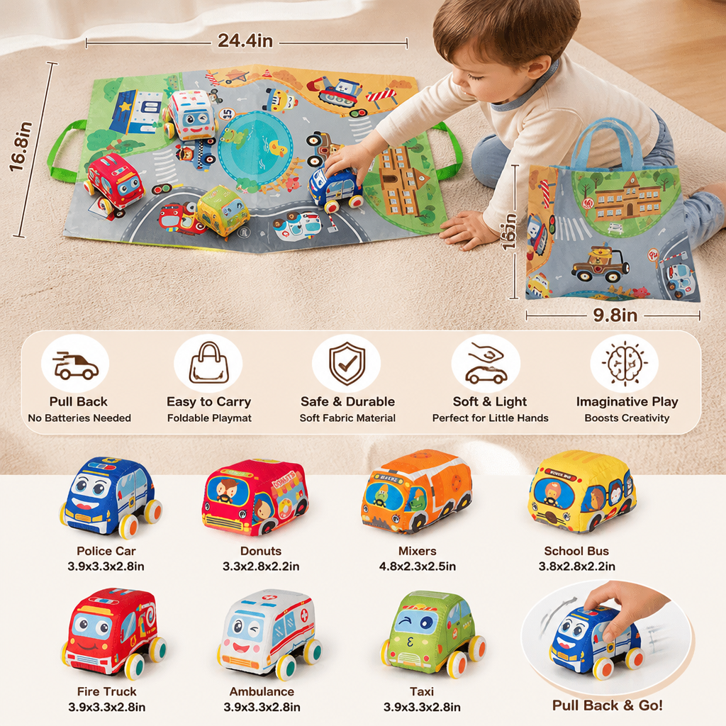 Soft Pull-Back Car Toy Set with Foldable Playmat Carry Bag for Toddlers