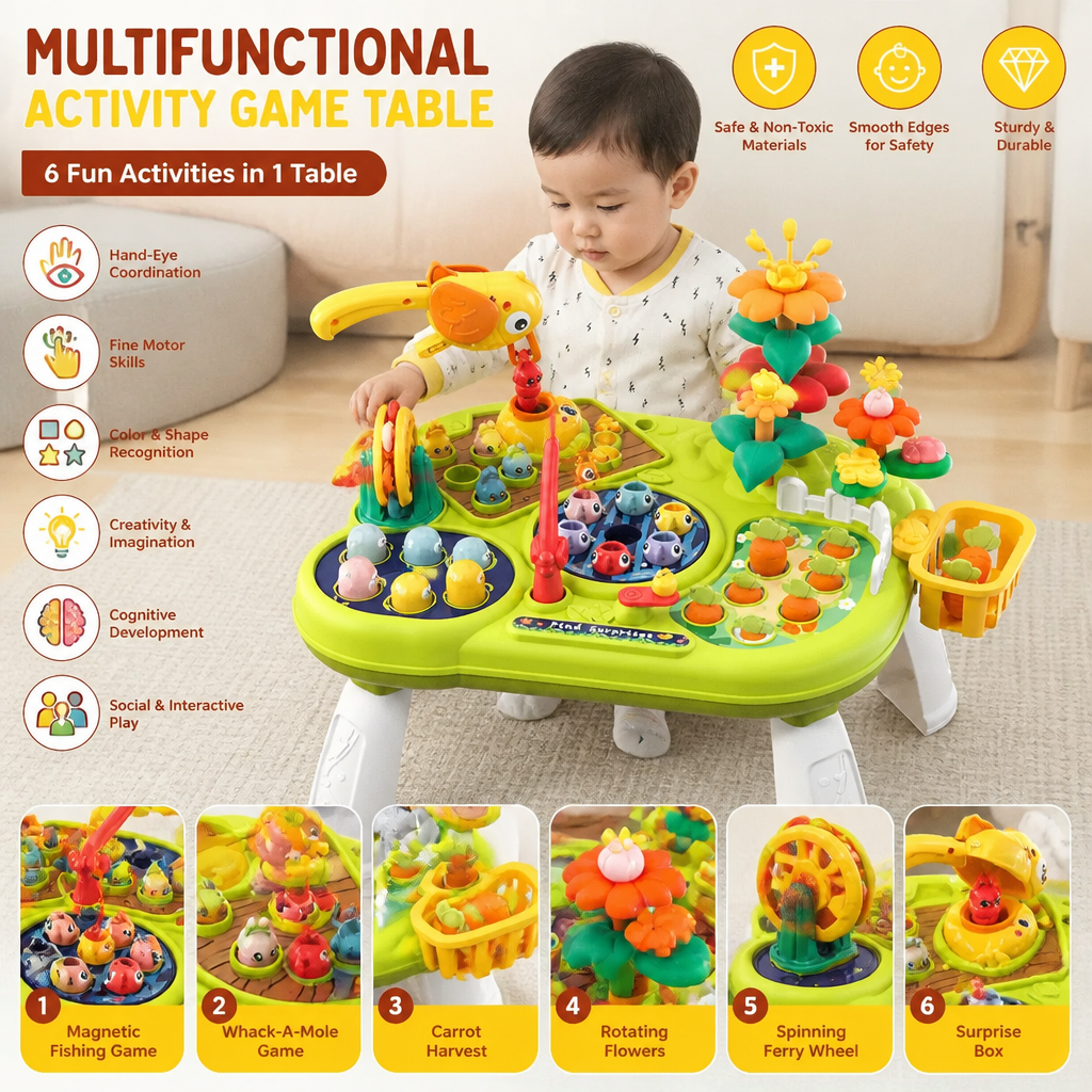Kids Multifunctional Activity Game Table with Multiple Play Stations