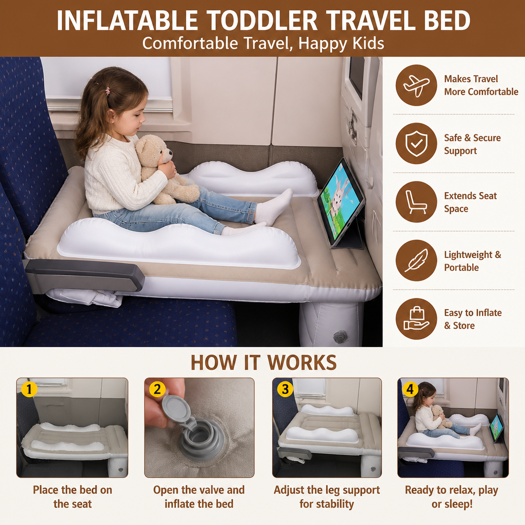 Inflatable Toddler Travel Bed with Seat Extension for Airplanes and Cars