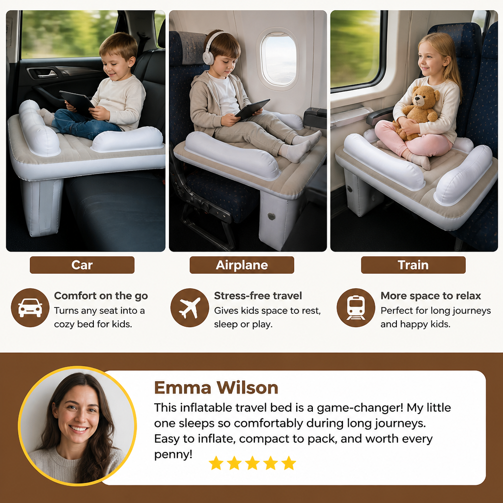 Inflatable Toddler Travel Bed with Seat Extension for Airplanes and Cars