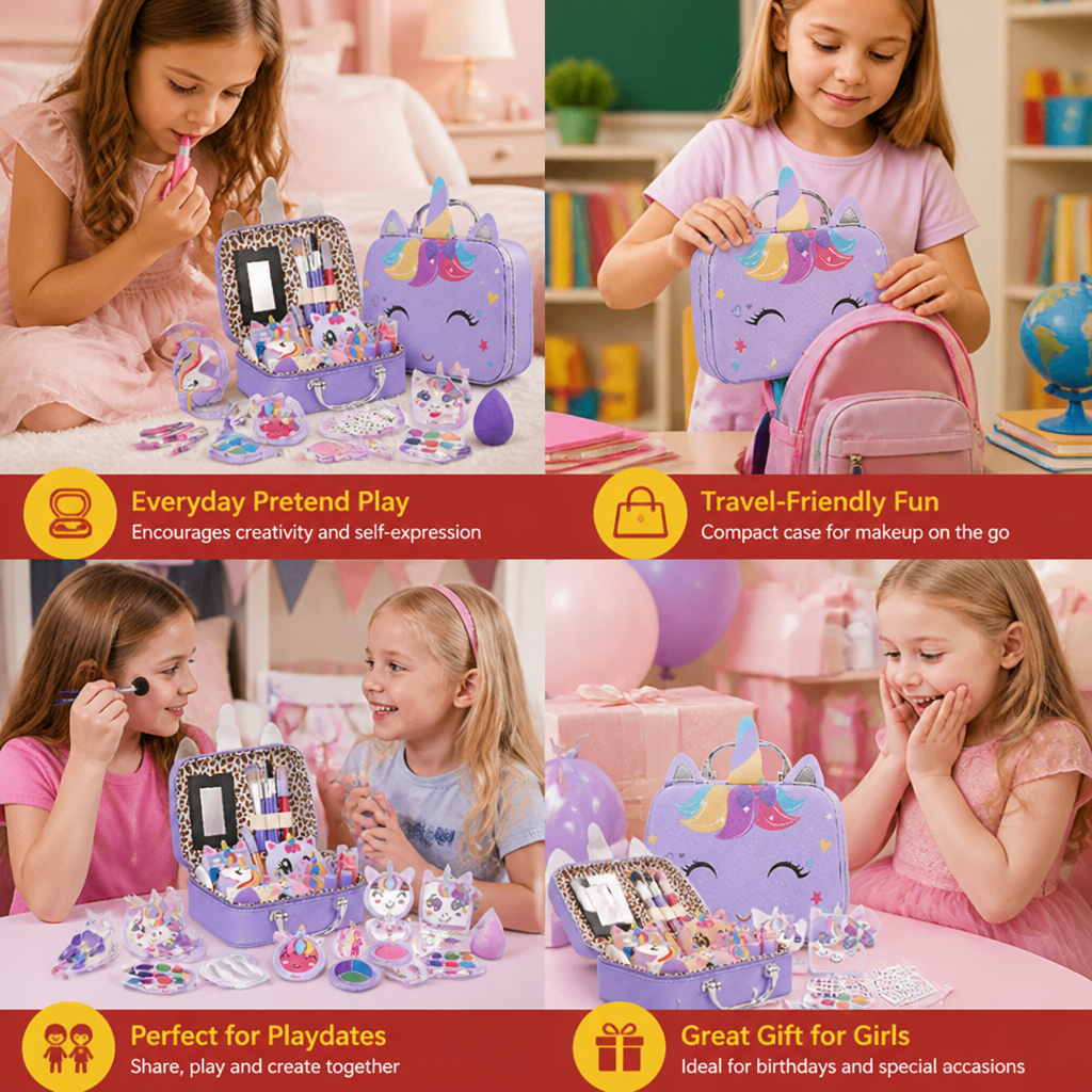 Kids’ Eco-Friendly & Easy-to-Wash Princess Makeup Kit with Cosmetic Bag