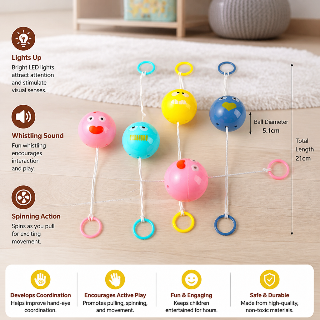 Light-Up Whistling Pull String Spinning Ball Toy