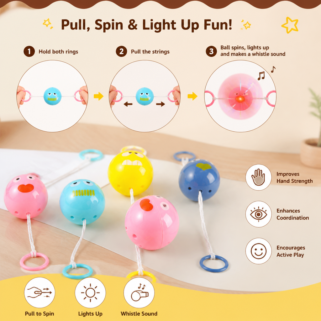 Light-Up Whistling Pull String Spinning Ball Toy