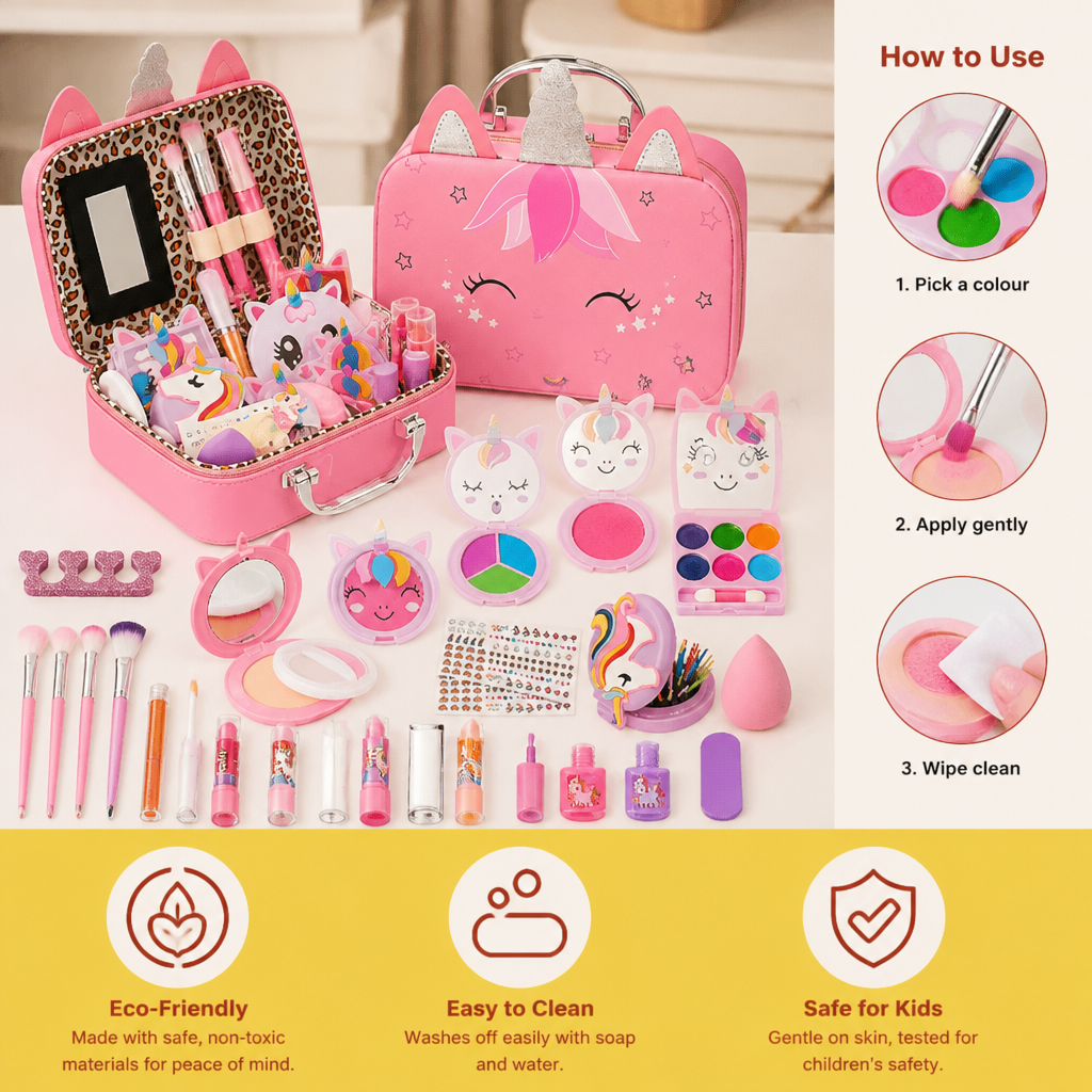 Kids’ Eco-Friendly & Easy-to-Wash Princess Makeup Kit with Cosmetic Bag