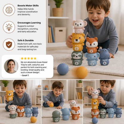 6-in-1 Soft Rubber Animal Bowling & Stacking Game – Montessori Learning Toy for Kids