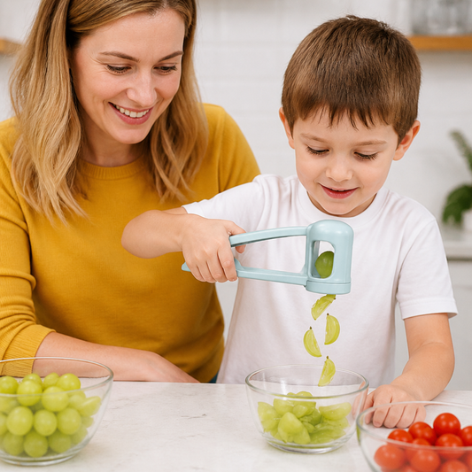 Stainless Steel Grape & Cherry Tomato Cutter – Safe One-Press Quarter Slicer for Toddlers & Kids