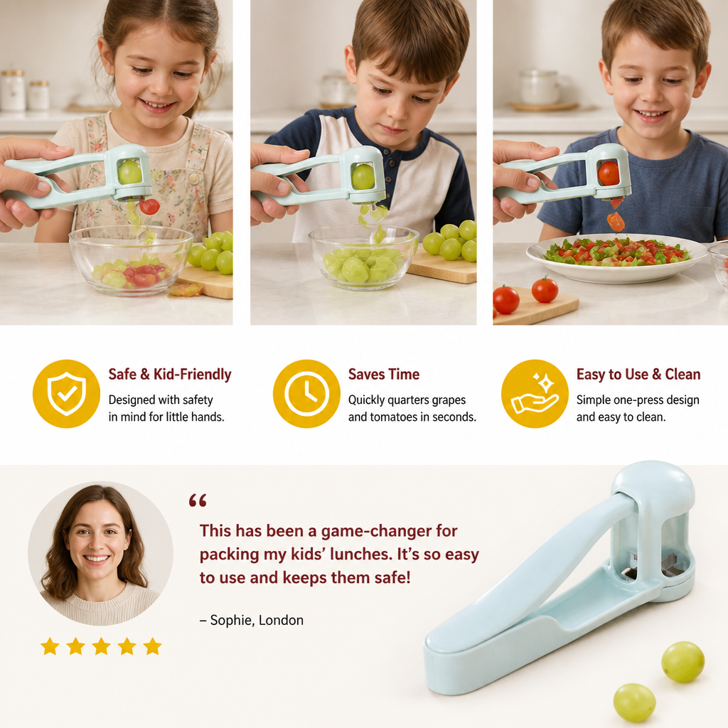 Stainless Steel Grape & Cherry Tomato Cutter – Safe One-Press Quarter Slicer for Toddlers & Kids