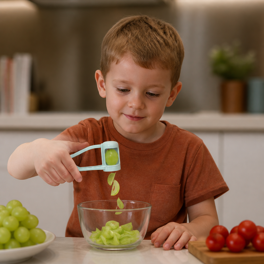 Stainless Steel Grape & Cherry Tomato Cutter – Safe One-Press Quarter Slicer for Toddlers & Kids
