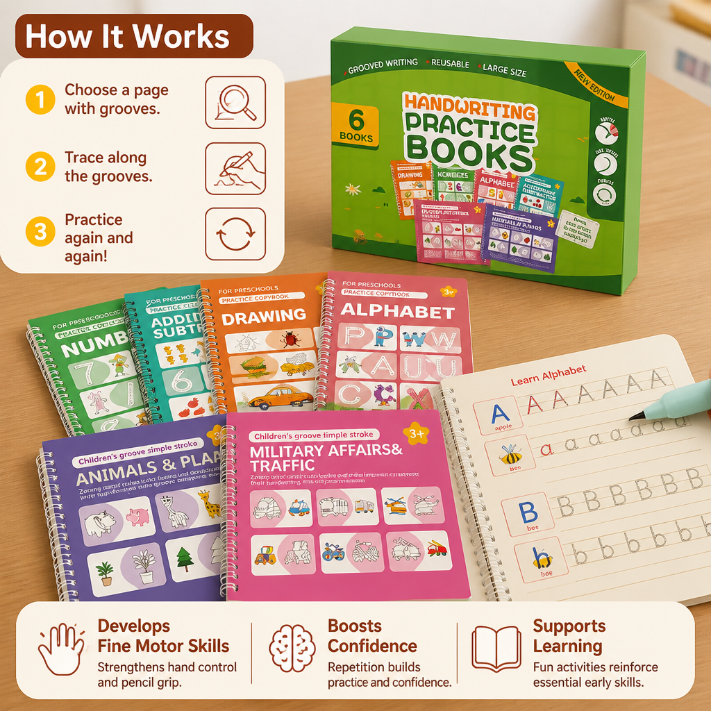 Reusable Grooved Handwriting Practice Books for Kids – 6-Piece Tracing & Writing Set