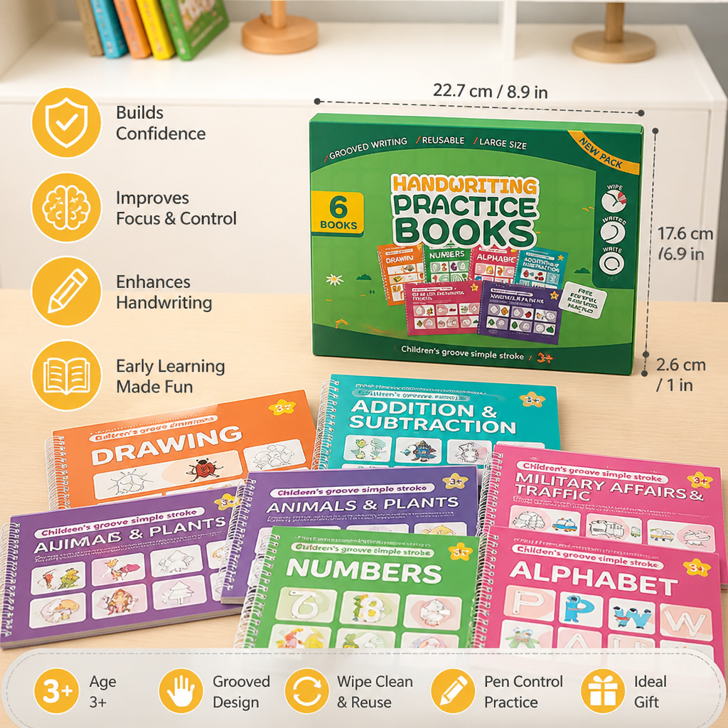 Reusable Grooved Handwriting Practice Books for Kids – 6-Piece Tracing & Writing Set