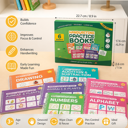 Reusable Grooved Handwriting Practice Books for Kids – 6-Piece Tracing & Writing Set