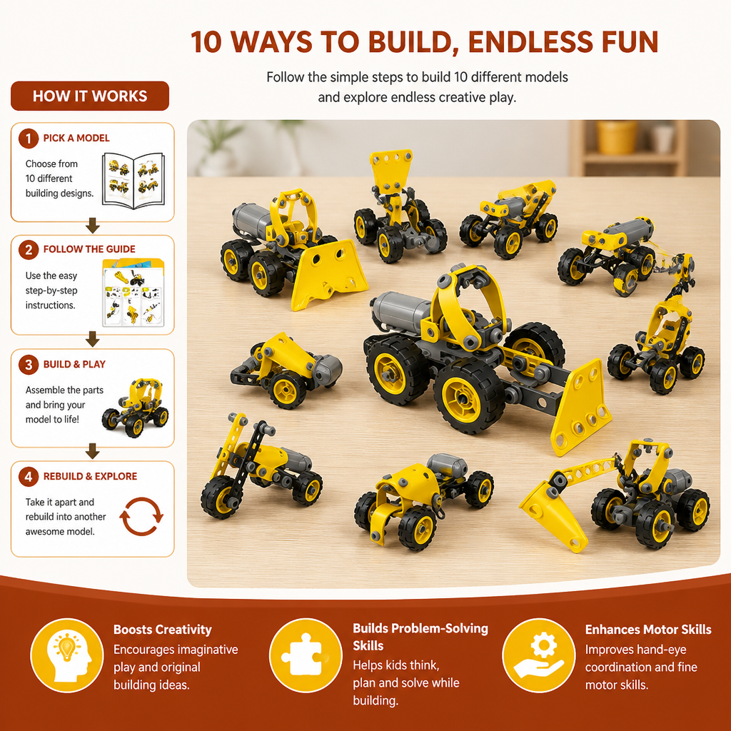 10-in-1 Creative Electric Construction Truck Building Set for Kids