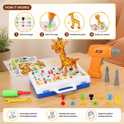 Safari Animal Building Block Set with Electric Toy Drill for Kids