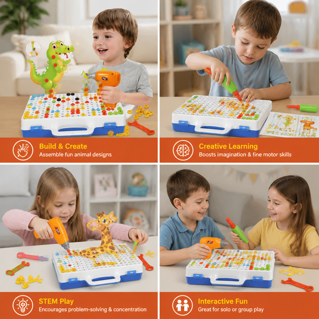 Safari Animal Building Block Set with Electric Toy Drill for Kids