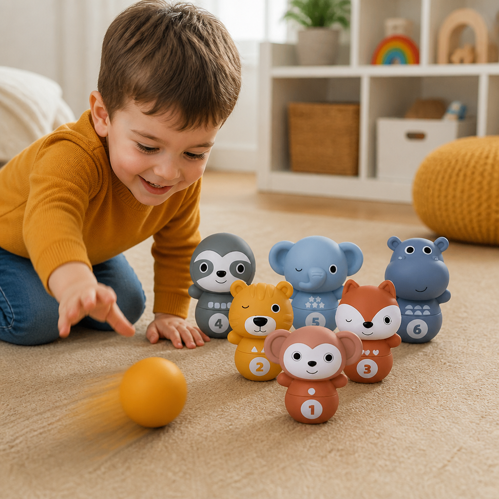 6-in-1 Soft Rubber Animal Bowling & Stacking Game – Montessori Learning Toy for Kids