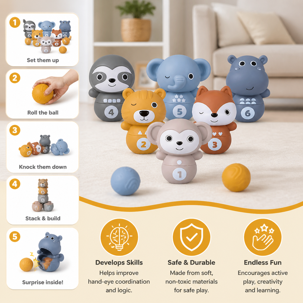 6-in-1 Soft Rubber Animal Bowling & Stacking Game – Montessori Learning Toy for Kids