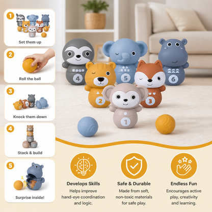 6-in-1 Soft Rubber Animal Bowling & Stacking Game – Montessori Learning Toy for Kids