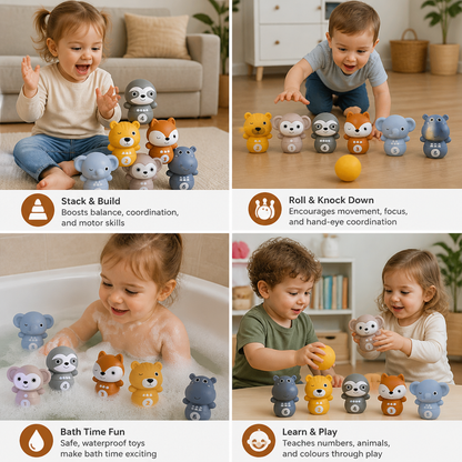 6-in-1 Soft Rubber Animal Bowling & Stacking Game – Montessori Learning Toy for Kids