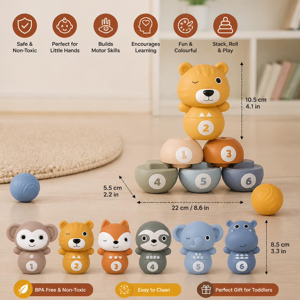 6-in-1 Soft Rubber Animal Bowling & Stacking Game – Montessori Learning Toy for Kids