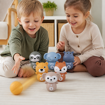 6-in-1 Soft Rubber Animal Bowling & Stacking Game – Montessori Learning Toy for Kids