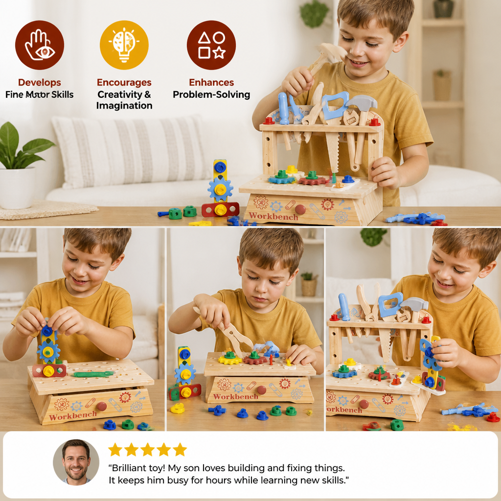 Wooden Kids Workbench & Tool Set – DIY Construction & Fine Motor Skills Learning Toy