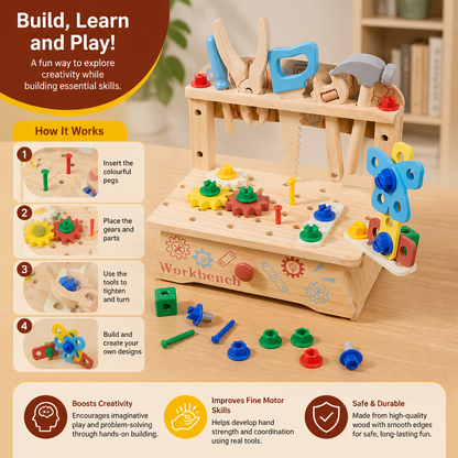 Wooden Kids Workbench & Tool Set – DIY Construction & Fine Motor Skills Learning Toy