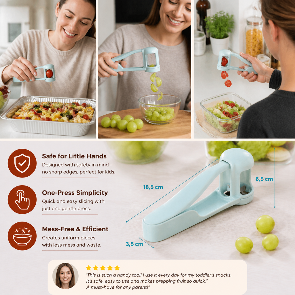 Stainless Steel Grape & Cherry Tomato Cutter – Safe One-Press Quarter Slicer for Toddlers & Kids