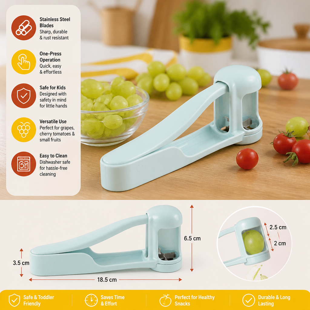 Stainless Steel Grape & Cherry Tomato Cutter – Safe One-Press Quarter Slicer for Toddlers & Kids