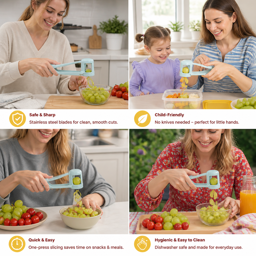 Stainless Steel Grape & Cherry Tomato Cutter – Safe One-Press Quarter Slicer for Toddlers & Kids