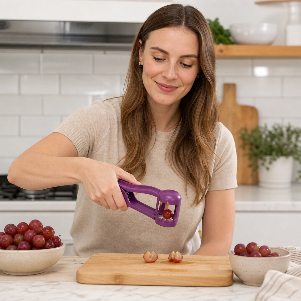 Stainless Steel Grape & Cherry Tomato Cutter – Safe One-Press Quarter Slicer for Toddlers & Kids