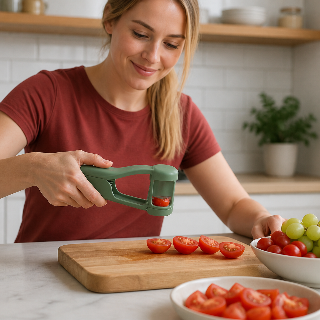 Stainless Steel Grape & Cherry Tomato Cutter – Safe One-Press Quarter Slicer for Toddlers & Kids