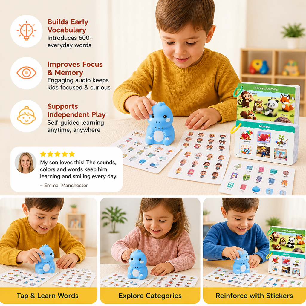 Interactive Dinosaur Talking Flash Cards & Stickers – Montessori Phonics & Sight Words Learning Set