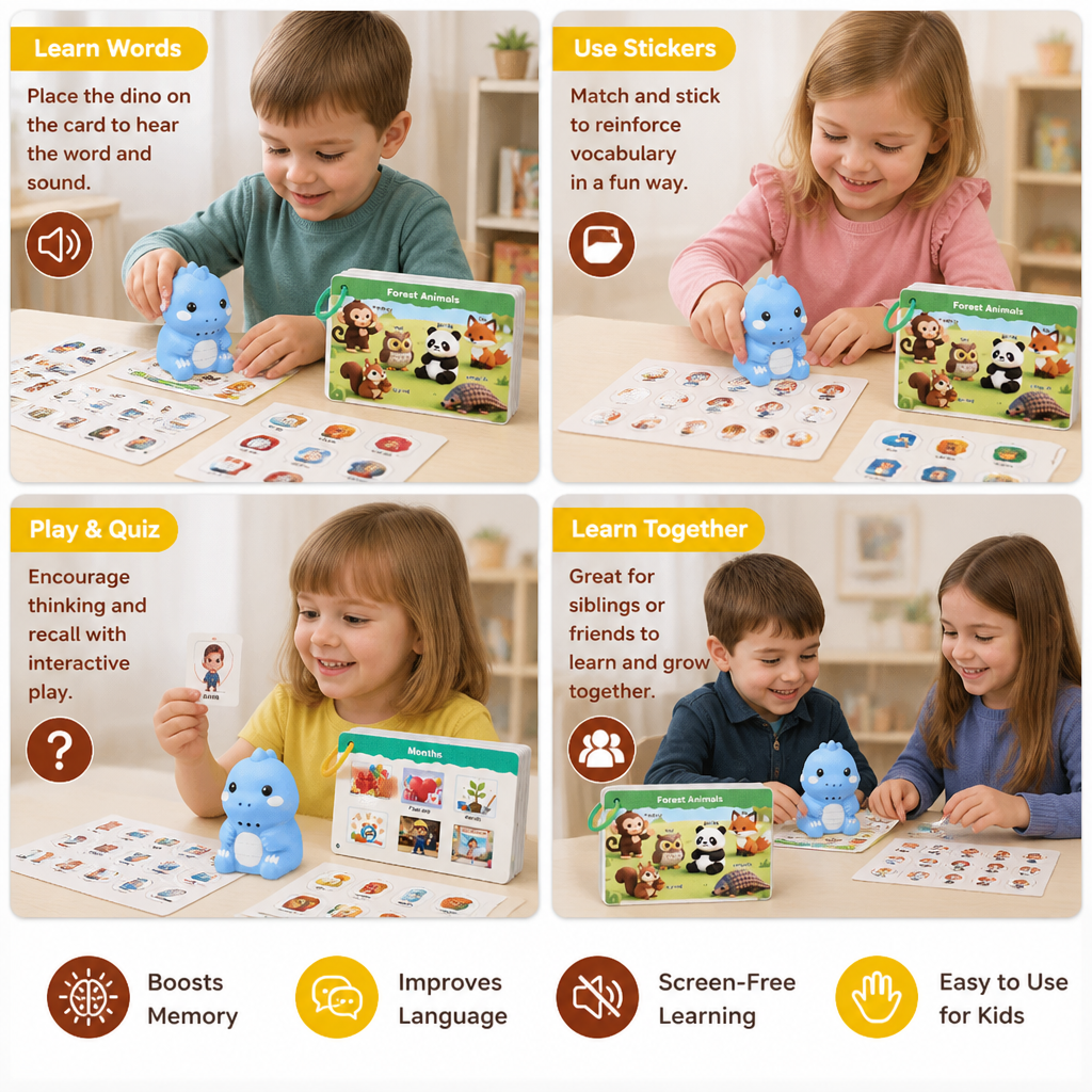 Interactive Dinosaur Talking Flash Cards & Stickers – Montessori Phonics & Sight Words Learning Set