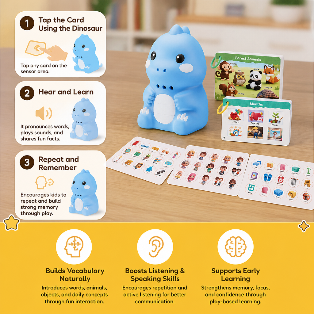 Interactive Dinosaur Talking Flash Cards & Stickers – Montessori Phonics & Sight Words Learning Set