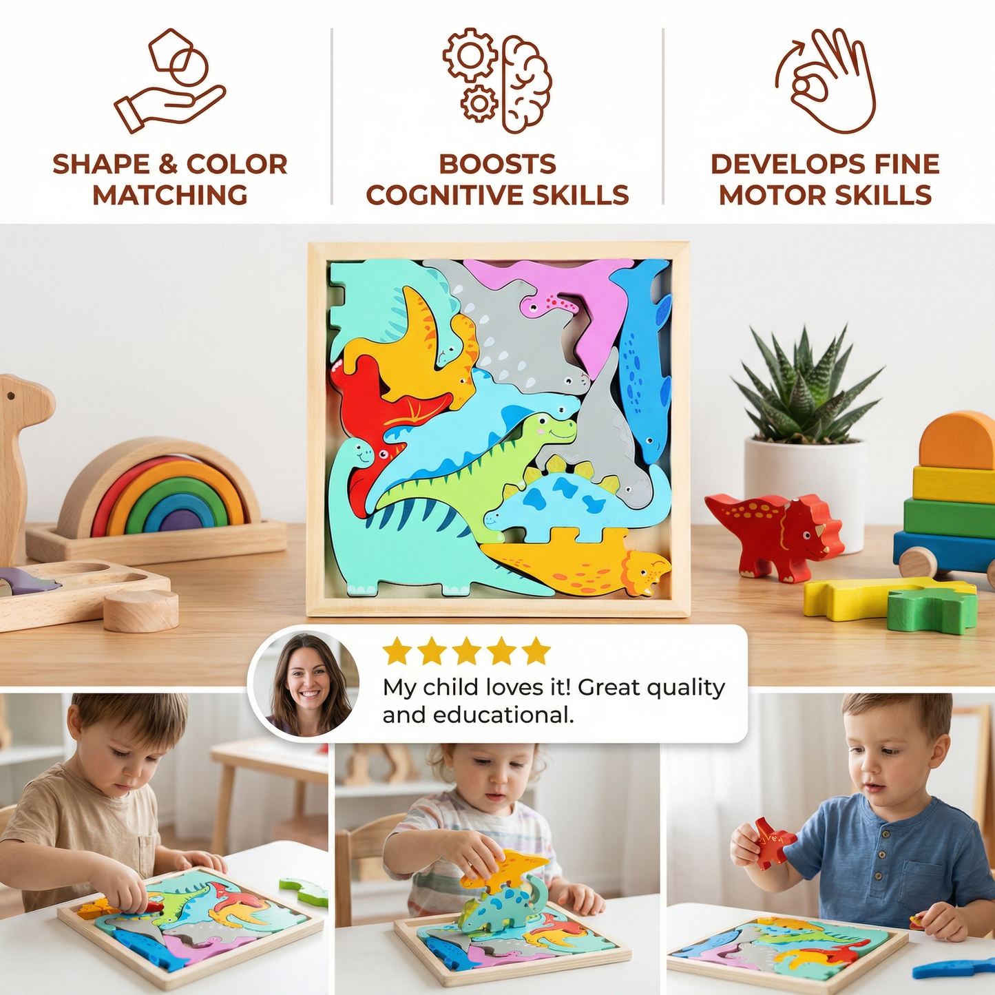 Wooden Learning Puzzle for Kids – Shape & Color Matching, Fine Motor Skills Toy