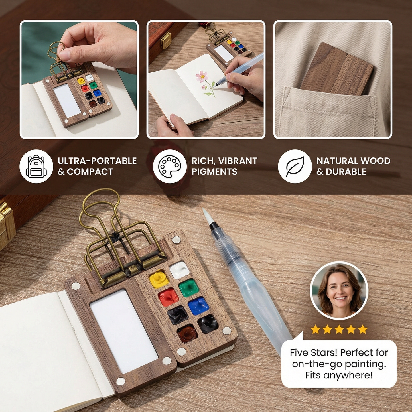 Mini Travel Watercolor Palette – Pocket Artist Paint Set with Compact Wooden Case