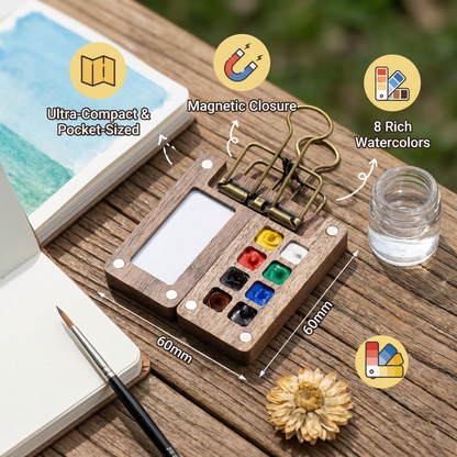 Mini Travel Watercolor Palette – Pocket Artist Paint Set with Compact Wooden Case