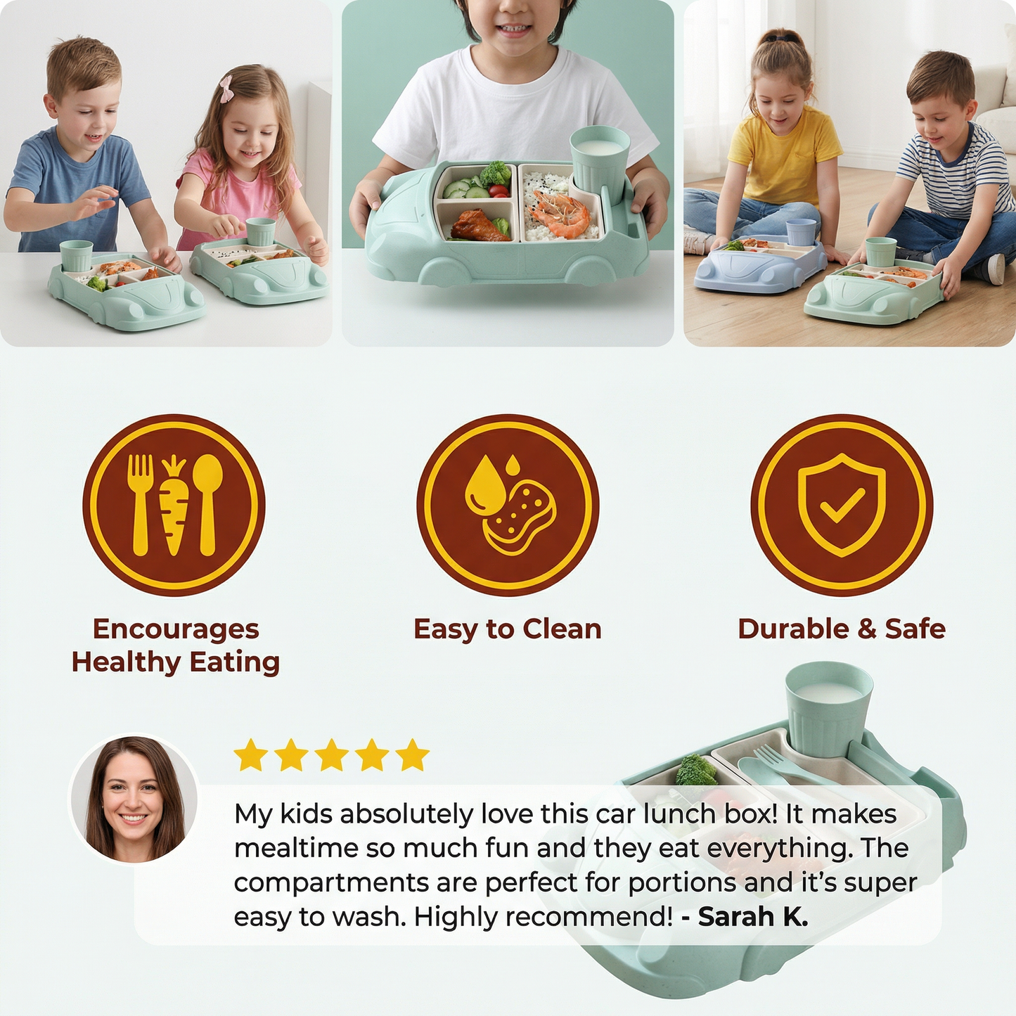 Kids Car-Shaped Bento Lunch Box – Fun Compartment Food Tray with Cup