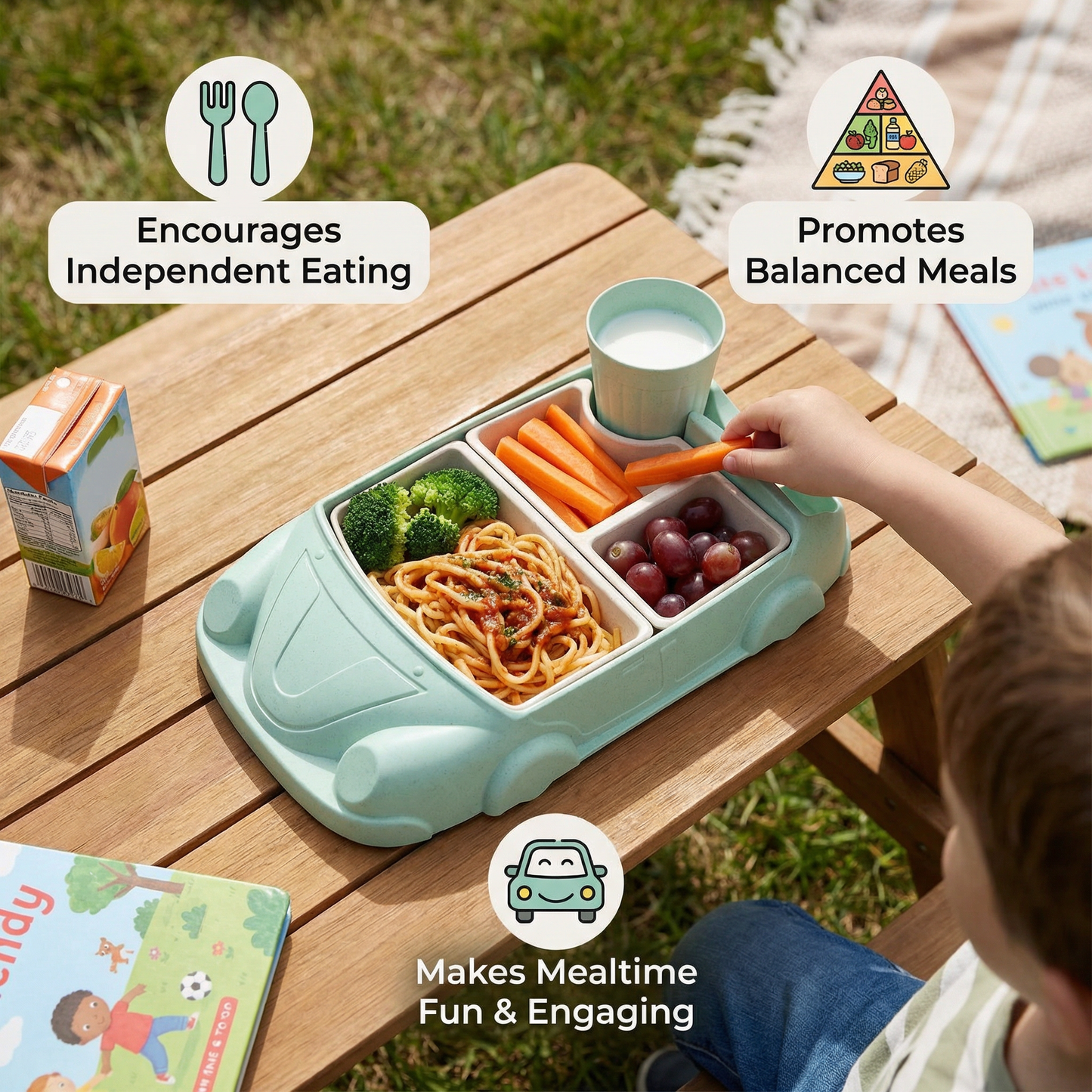 Kids Car-Shaped Bento Lunch Box – Fun Compartment Food Tray with Cup