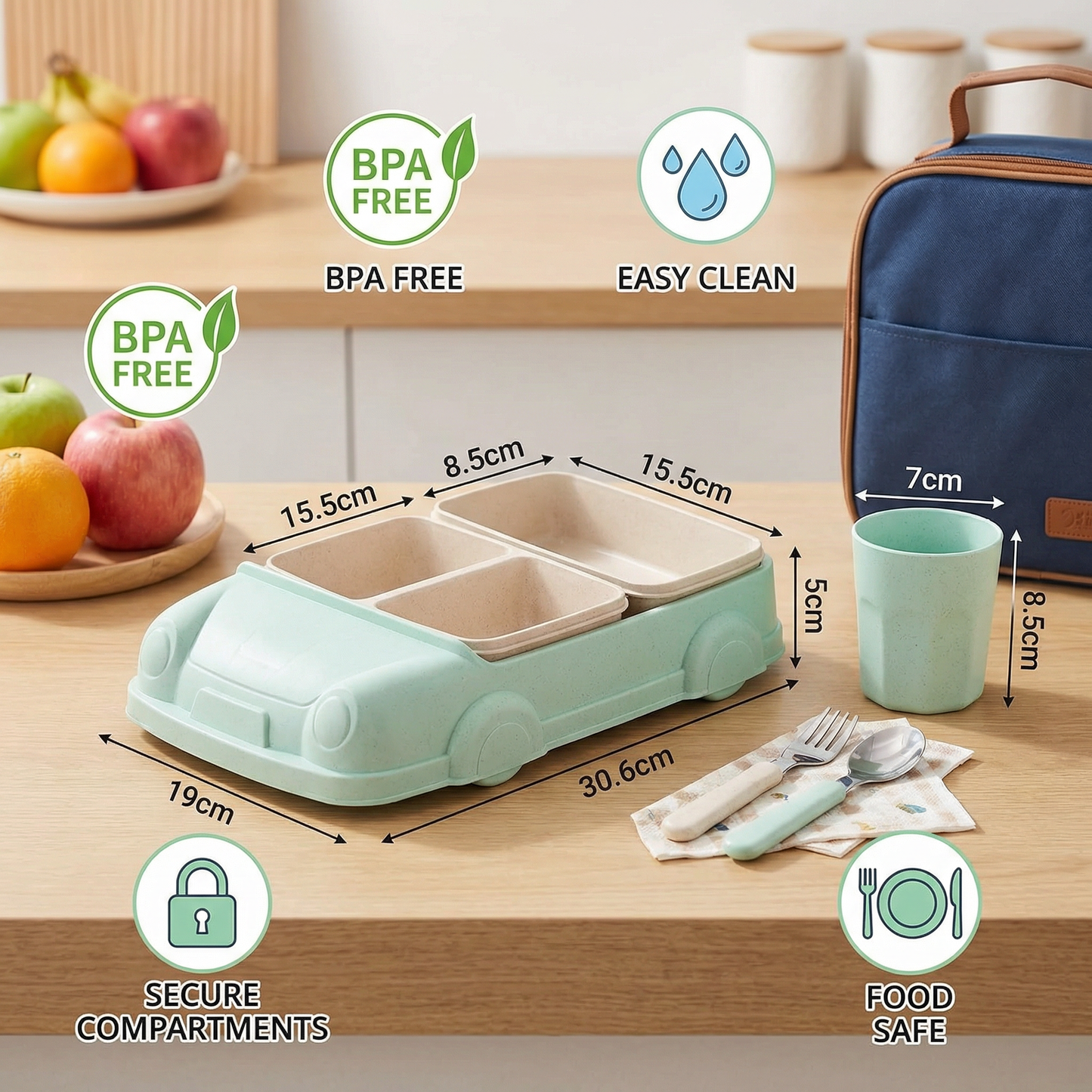 Kids Car-Shaped Bento Lunch Box – Fun Compartment Food Tray with Cup