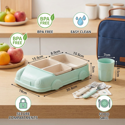 Kids Car-Shaped Bento Lunch Box – Fun Compartment Food Tray with Cup