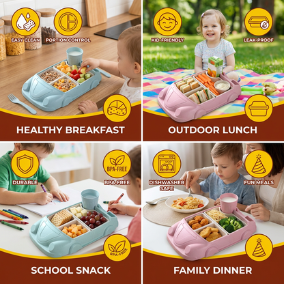 Kids Car-Shaped Bento Lunch Box – Fun Compartment Food Tray with Cup