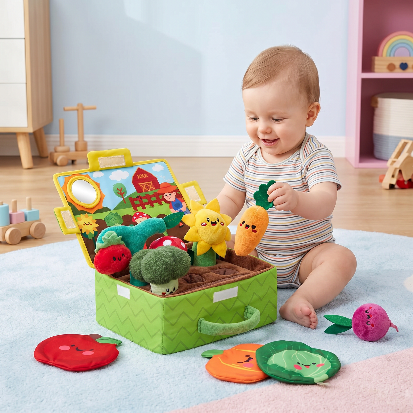 Montessori Garden Sensory Toy for Babies – Plush Fruit & Vegetable Set with Rattle, Mirror & Squeaker